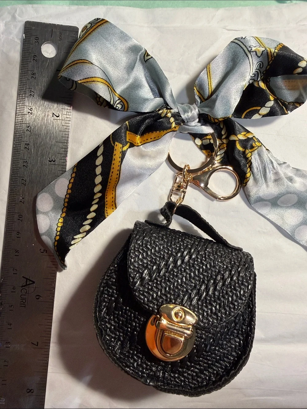 Black Woven Mini Purse Keychain with Gold Hardware with Silky Bow